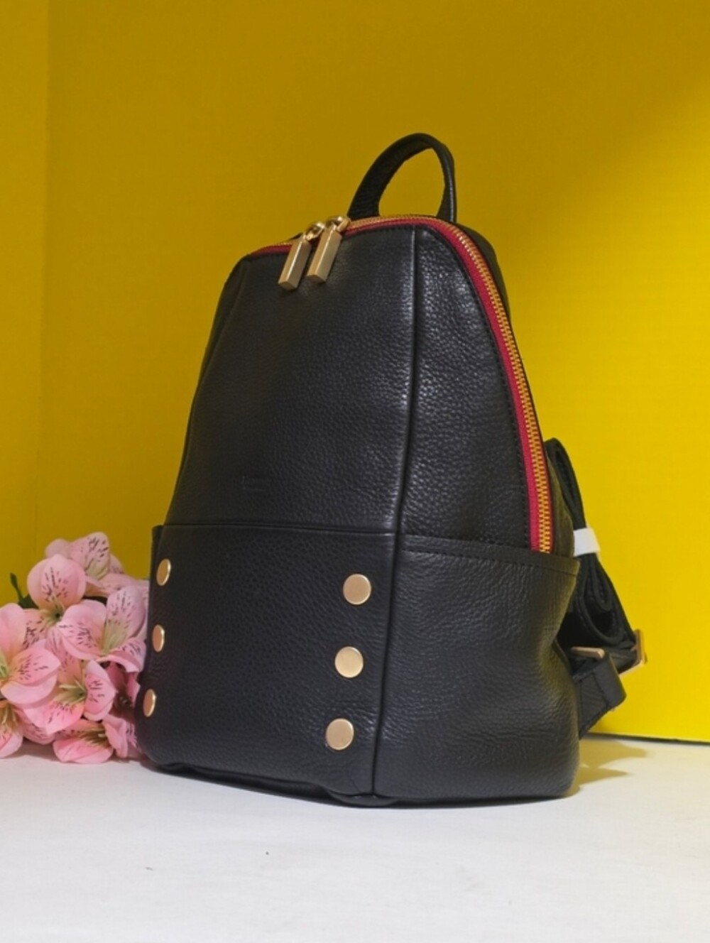 Hammutt Black Leather MD Backpack With Gold Accents